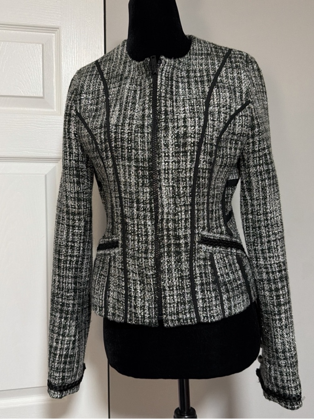 Express Black & White Tweed Zip-Front Blazer